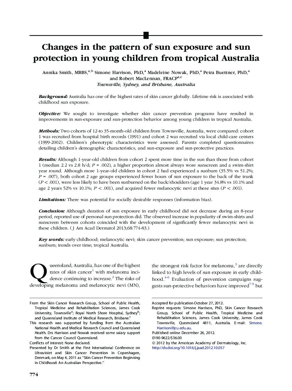 Changes in the pattern of sun exposure and sun protection in young children from tropical Australia