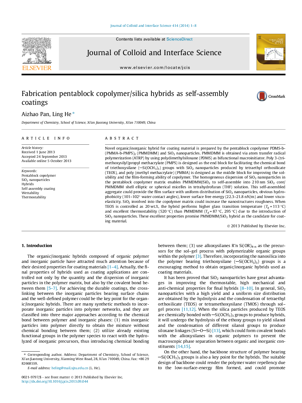 Fabrication pentablock copolymer/silica hybrids as self-assembly coatings