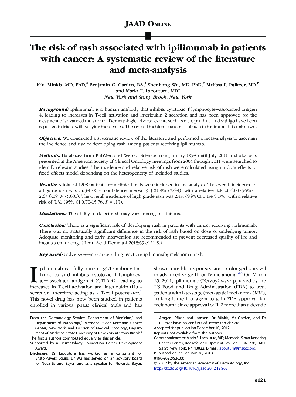 The risk of rash associated with ipilimumab in patients with cancer: A systematic review of the literature and meta-analysis