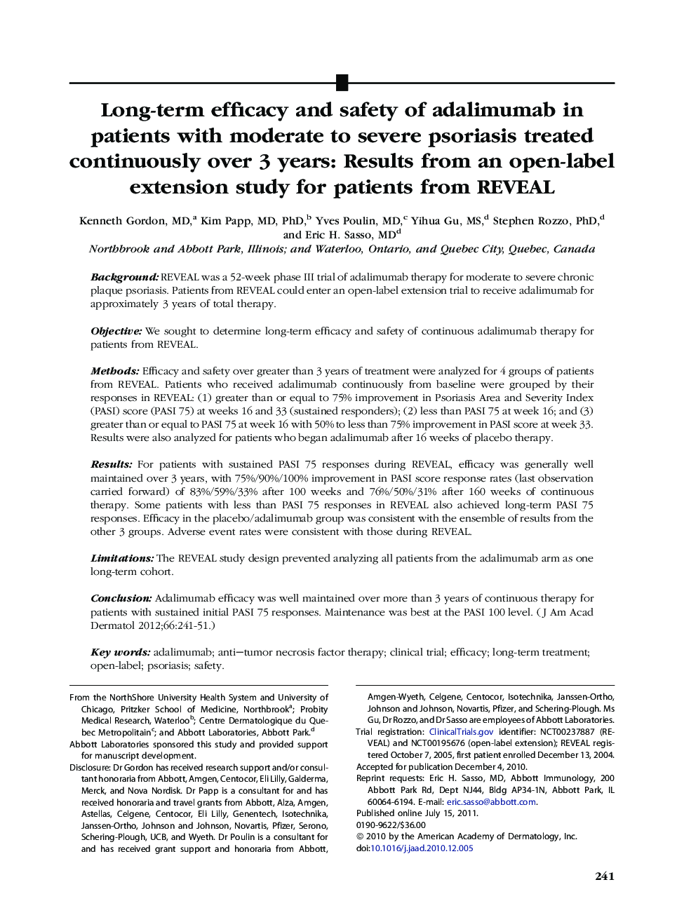 Long-term efficacy and safety of adalimumab in patients with moderate to severe psoriasis treated continuously over 3 years: Results from an open-label extension study for patients from REVEAL