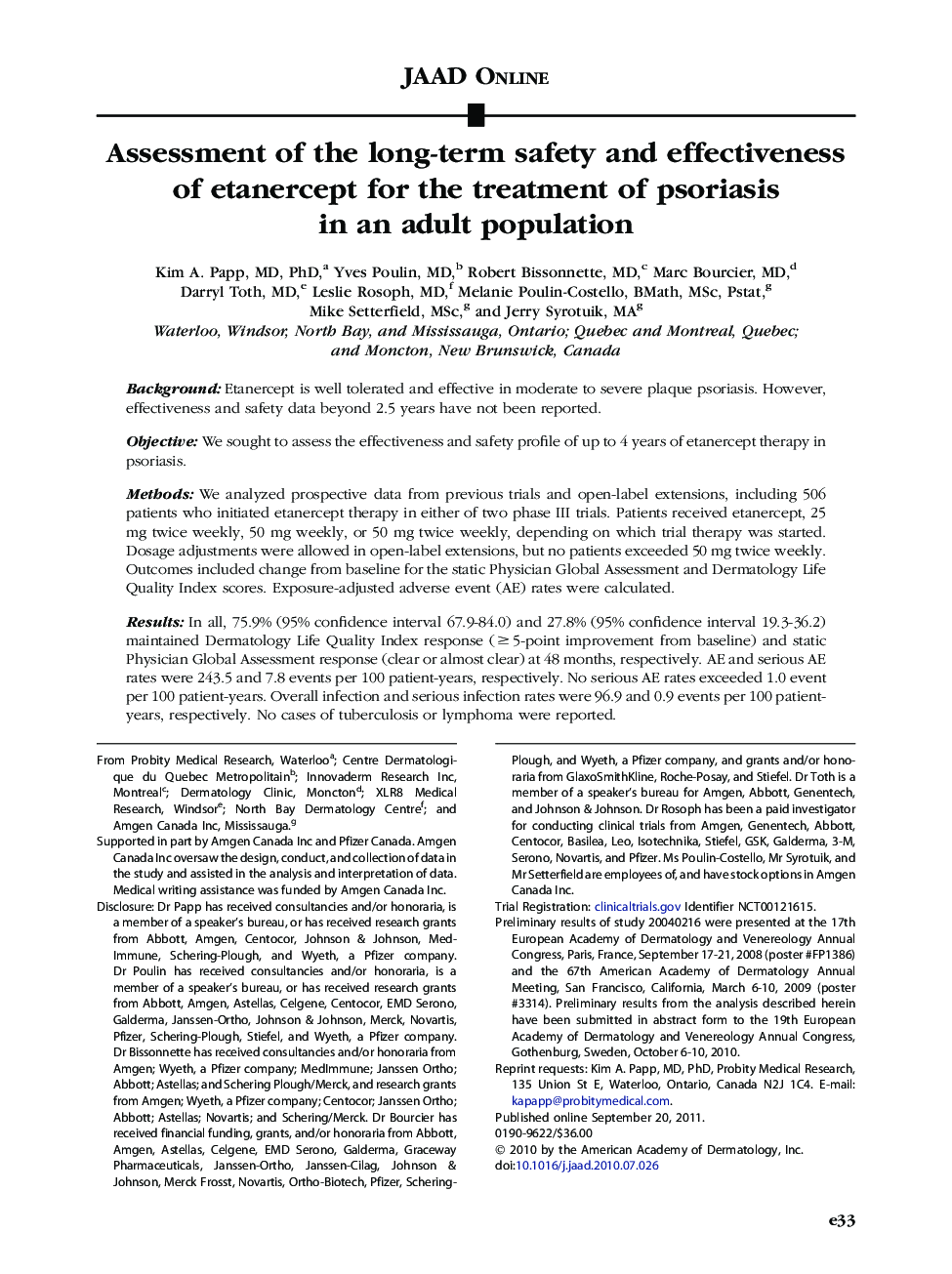 JAAD onlineAssessment of the long-term safety and effectiveness of etanercept for the treatment of psoriasis in an adult population