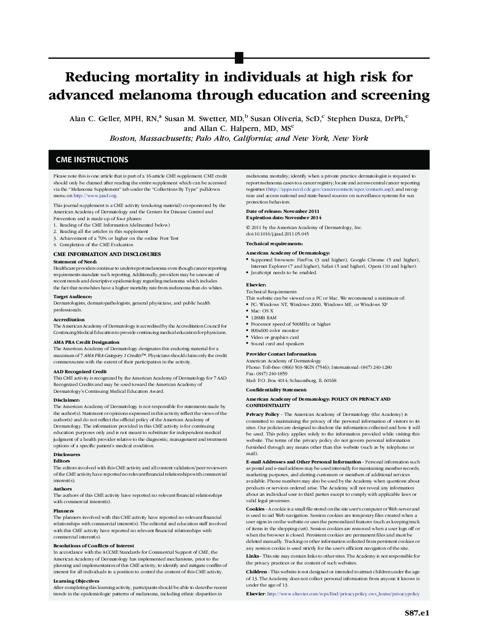 Reducing mortality in individuals at high risk for advanced melanoma through education and screening