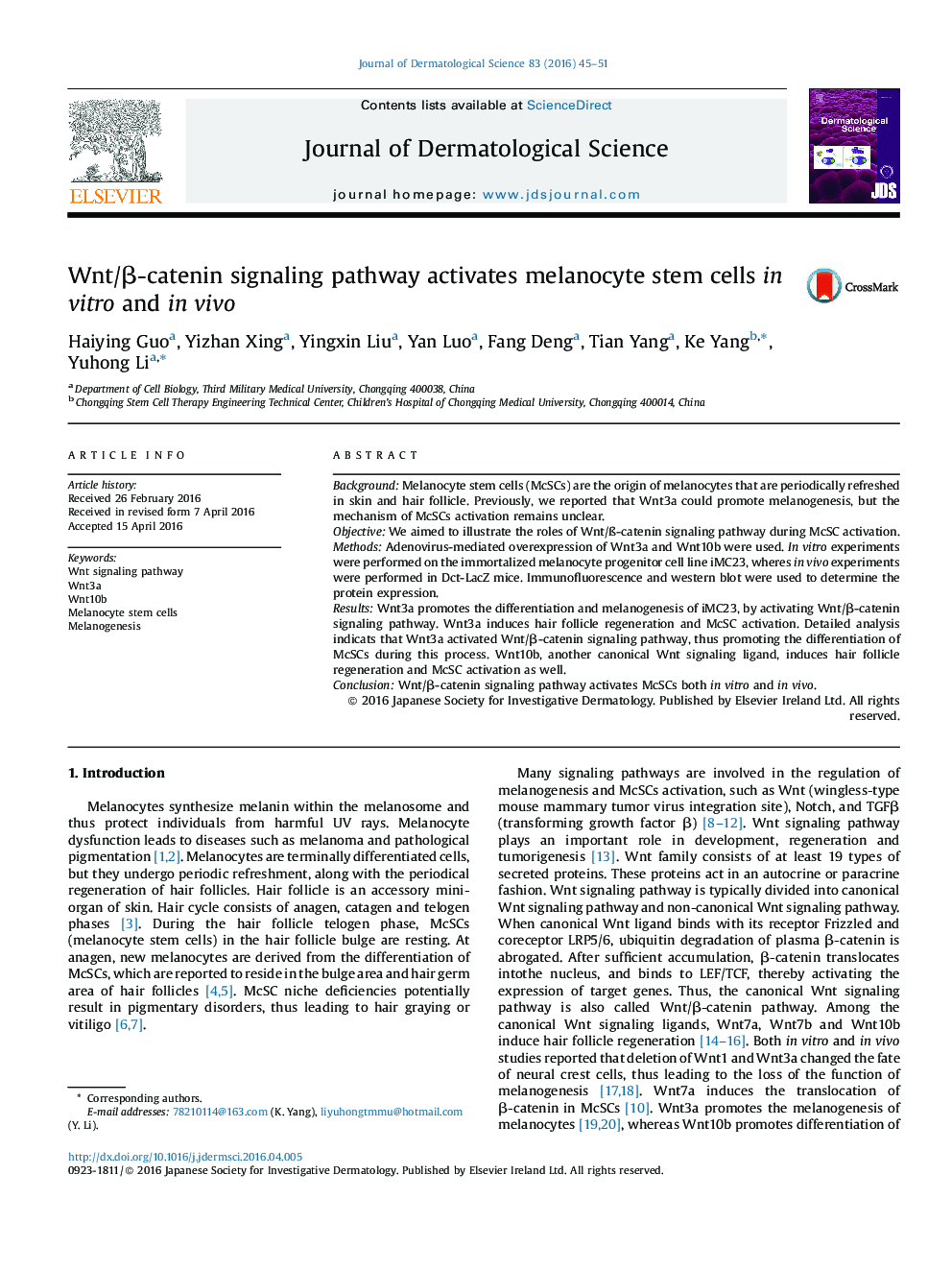 Wnt/Î²-catenin signaling pathway activates melanocyte stem cells in vitro and in vivo