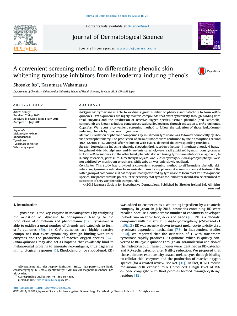 A convenient screening method to differentiate phenolic skin whitening tyrosinase inhibitors from leukoderma-inducing phenols