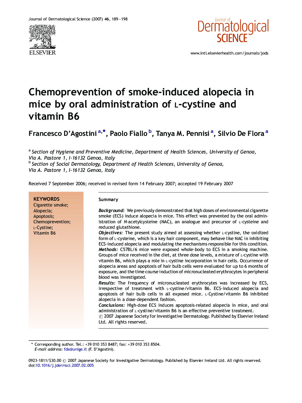 Chemoprevention of smoke-induced alopecia in mice by oral administration of l-cystine and vitamin B6