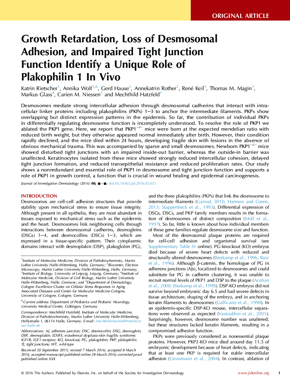 Growth Retardation, Loss of Desmosomal Adhesion, and Impaired Tight Junction Function Identify a Unique Role of Plakophilin 1 InÂ Vivo