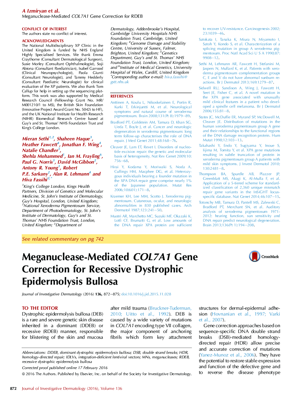 Meganuclease-Mediated COL7A1 Gene Correction for Recessive Dystrophic Epidermolysis Bullosa