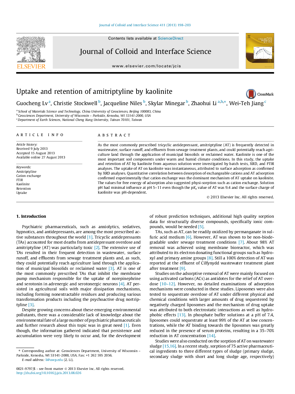 Uptake and retention of amitriptyline by kaolinite