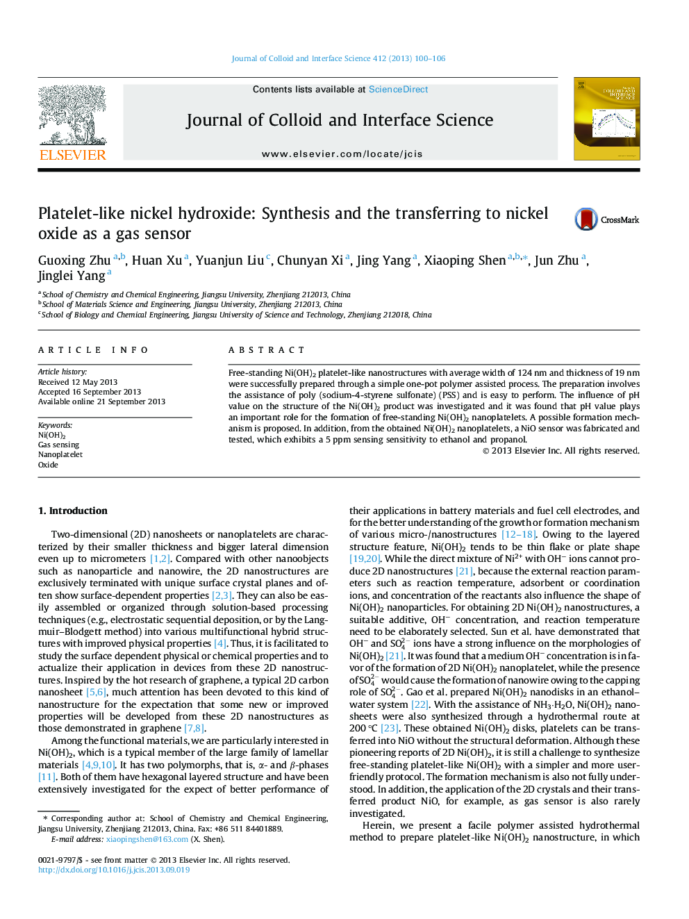 عکس صفحه اول مقاله: Platelet-like nickel hydroxide: Synthesis and the transferring to nickel oxide as a gas sensor Platelet-like nickel hydroxide: Synthesis and the transferring to nickel oxide as a gas sensor