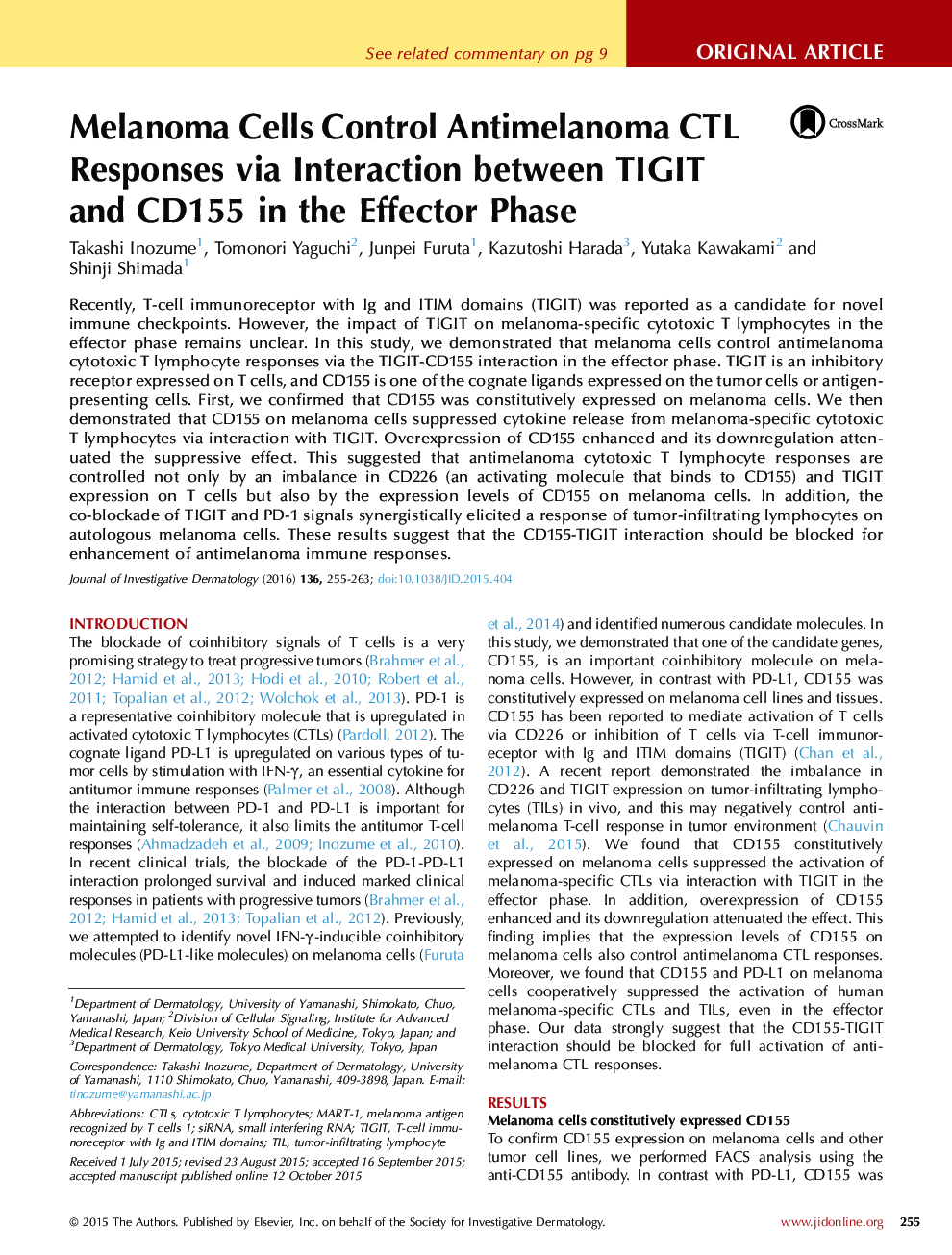 Original ArticleMelanocytes/MelanomaMelanoma Cells Control Antimelanoma CTL Responses via Interaction between TIGIT and CD155 in the Effector Phase