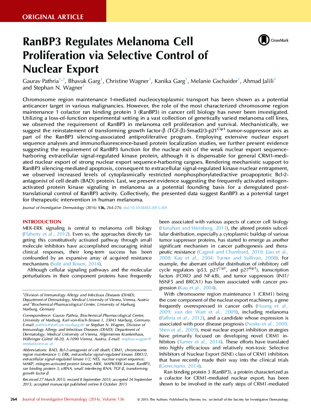 RanBP3 Regulates Melanoma Cell Proliferation via Selective Control of Nuclear Export