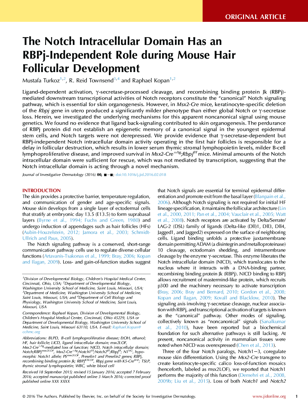 The Notch Intracellular Domain Has an RBPj-Independent Role during Mouse Hair Follicular Development