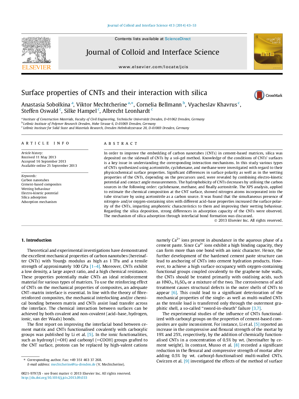 Surface properties of CNTs and their interaction with silica