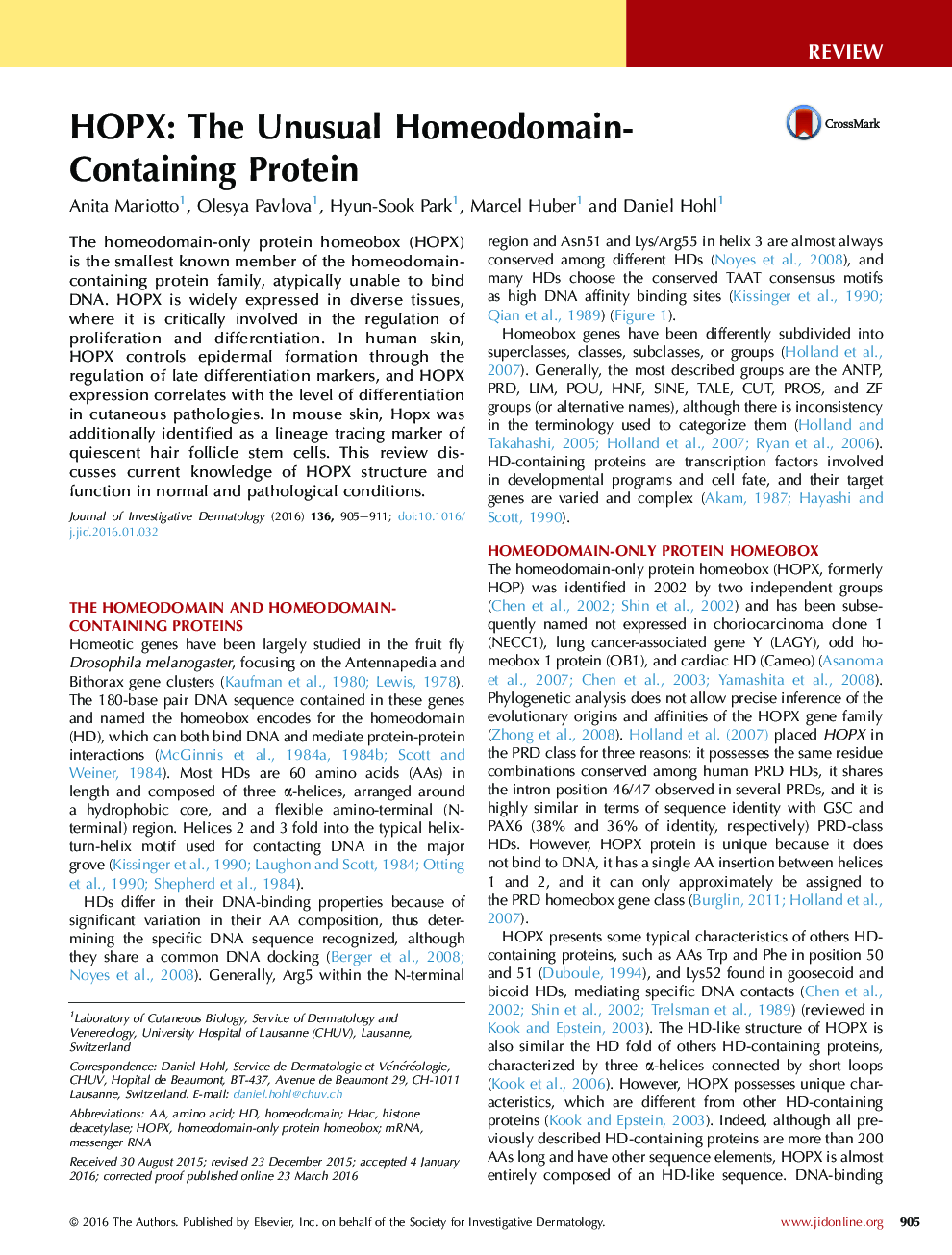 ReviewHOPX: The Unusual Homeodomain-Containing Protein