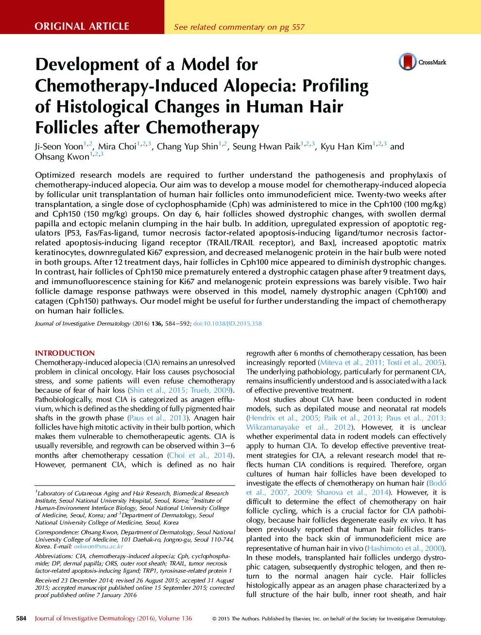 Original ArticleAppendagesDevelopment of a Model for Chemotherapy-Induced Alopecia: Profiling of Histological Changes in Human Hair Follicles after Chemotherapy