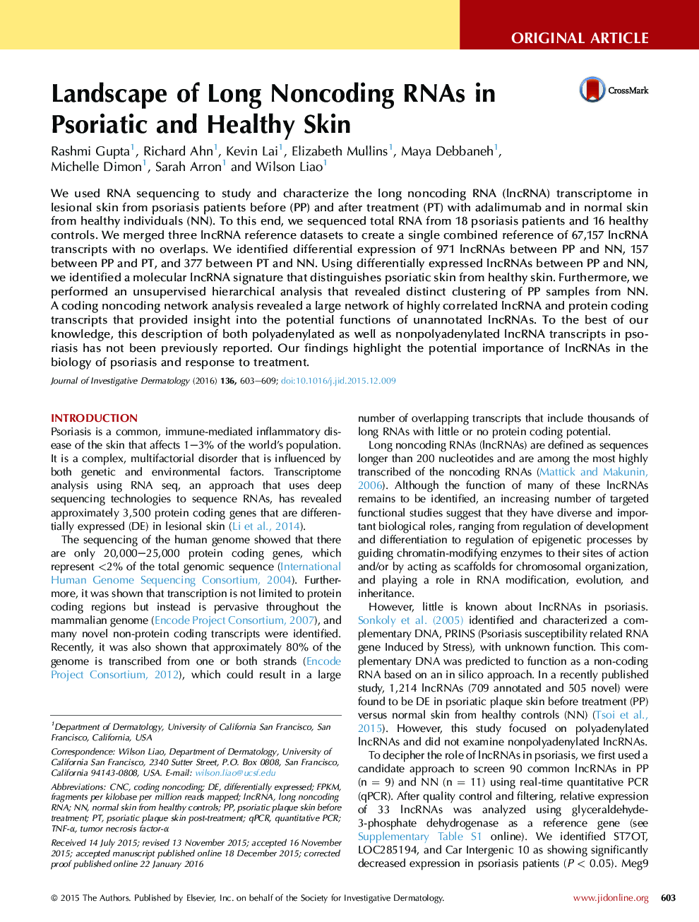 Landscape of Long Noncoding RNAs in Psoriatic and Healthy Skin