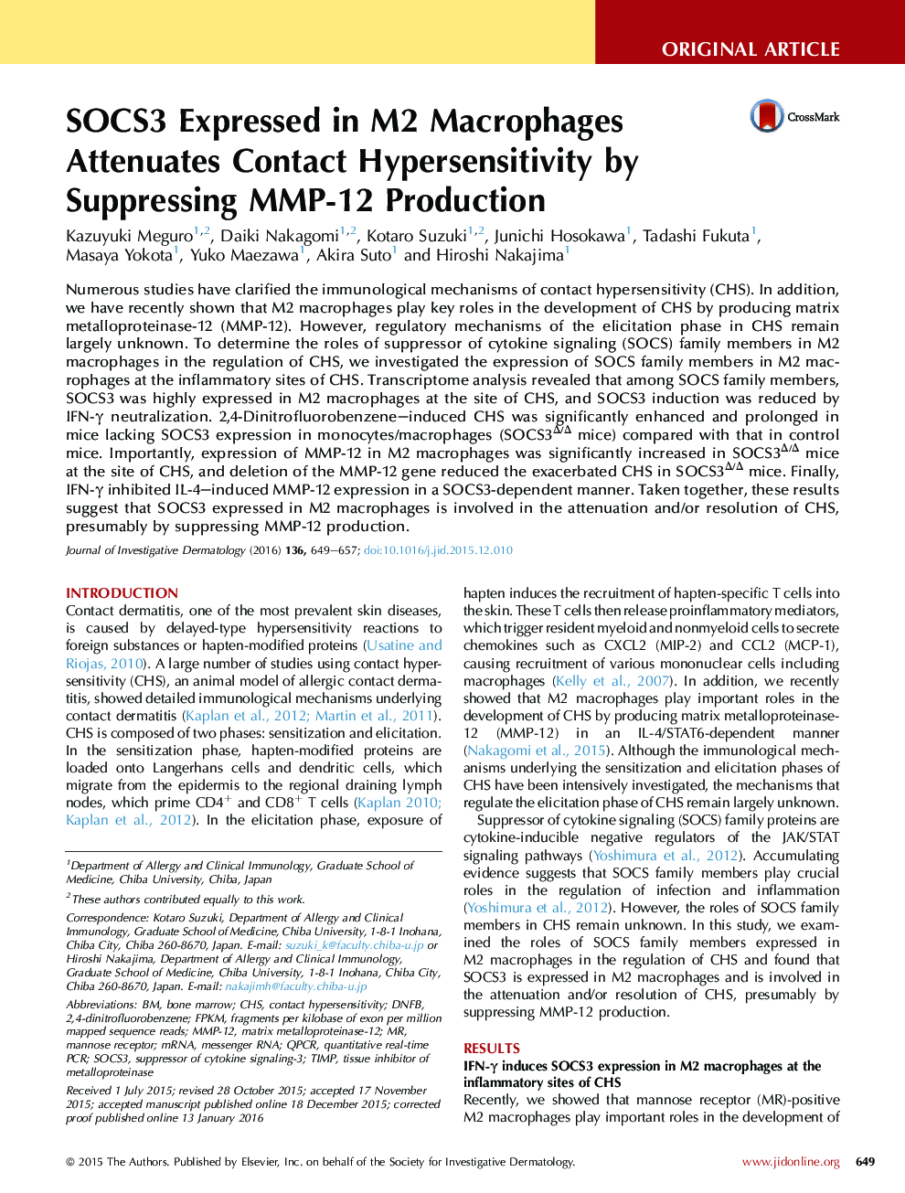 SOCS3 Expressed in M2 Macrophages Attenuates Contact Hypersensitivity by Suppressing MMP-12 Production