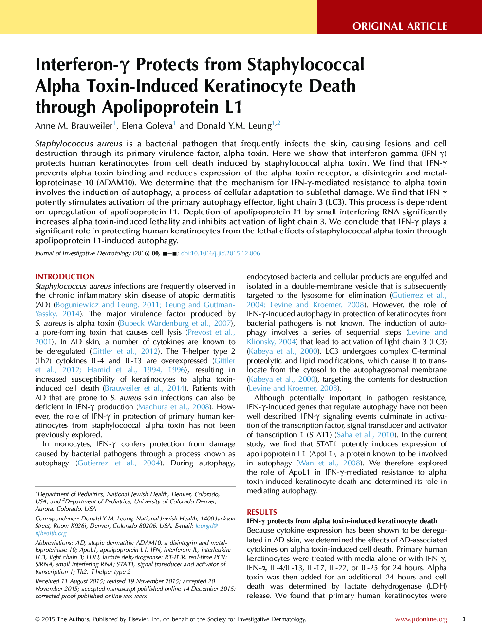 Interferon-Î³ Protects from Staphylococcal Alpha Toxin-Induced Keratinocyte Death through Apolipoprotein L1