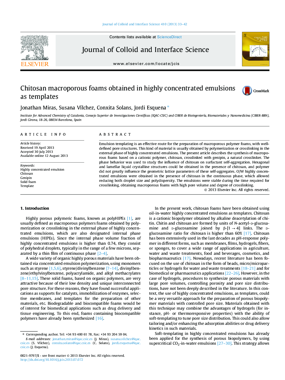 Chitosan macroporous foams obtained in highly concentrated emulsions as templates