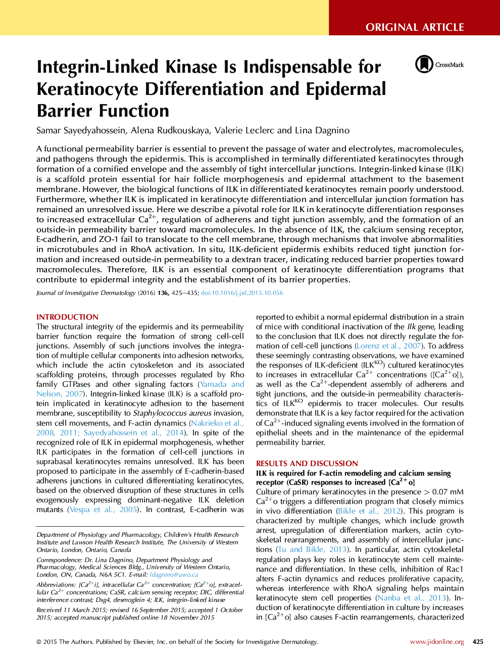 Original ArticleKeratinocytes/EpidermisIntegrin-Linked Kinase Is Indispensable for Keratinocyte Differentiation and Epidermal Barrier Function