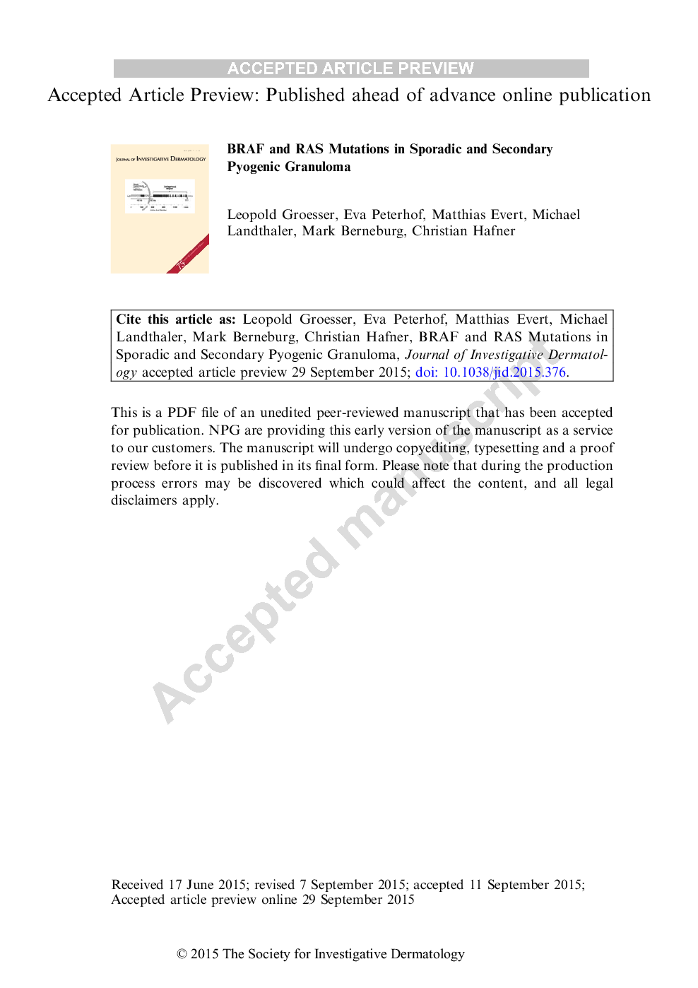 BRAF and RAS Mutations in Sporadic and Secondary Pyogenic Granuloma