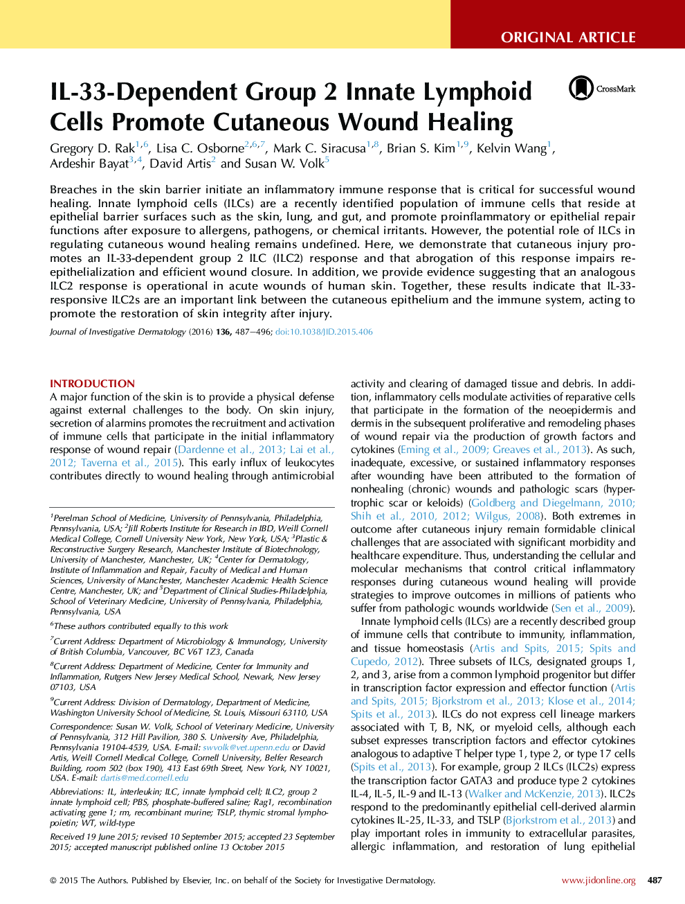 Original ArticleWound HealingIL-33-Dependent Group 2 Innate Lymphoid Cells Promote Cutaneous Wound Healing