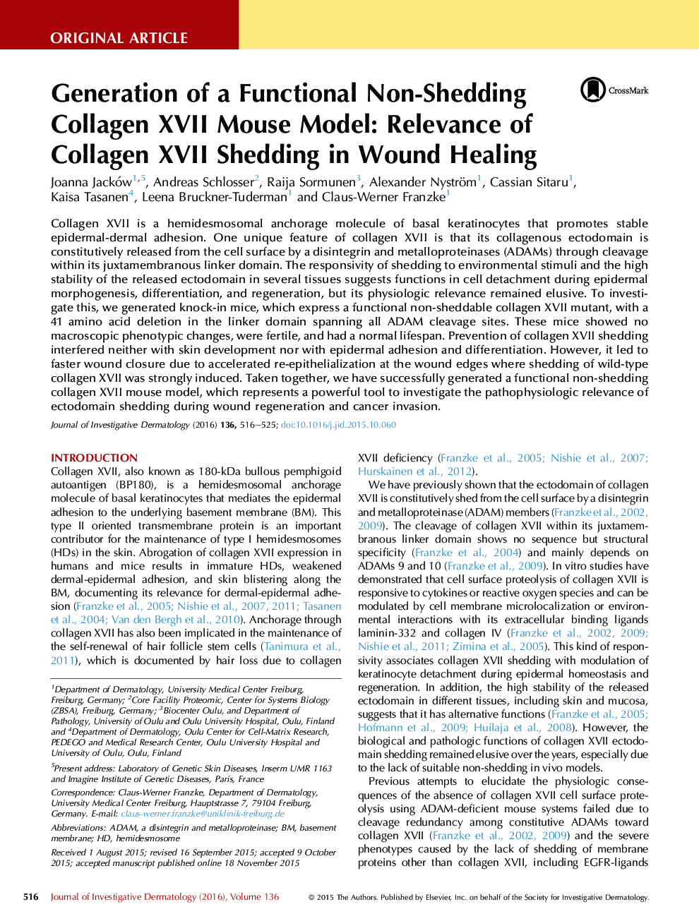 Generation of a Functional Non-Shedding Collagen XVII Mouse Model: Relevance of Collagen XVII Shedding in Wound Healing