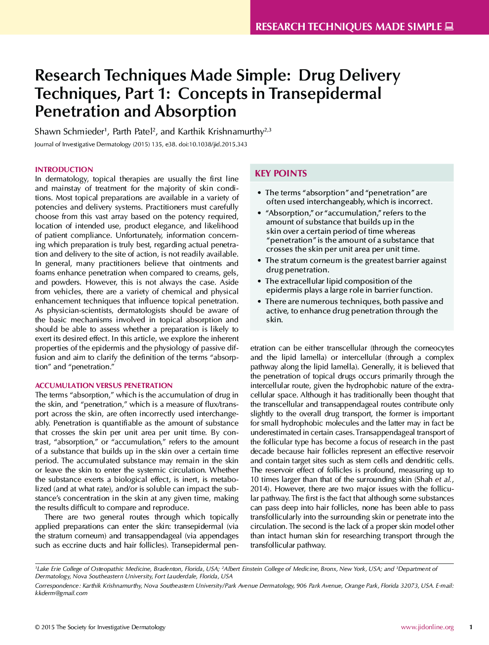 Research Techniques Made Simple: Drug Delivery Techniques, Part 1: Concepts in Transepidermal Penetration and Absorption