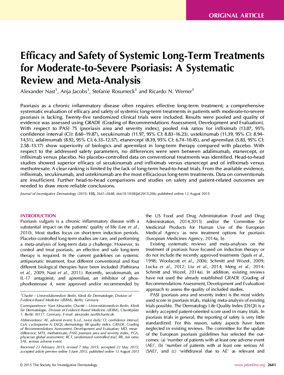 Original ArticleEfficacy and Safety of Systemic Long-Term Treatments for Moderate-to-Severe Psoriasis: A Systematic Review and Meta-Analysis