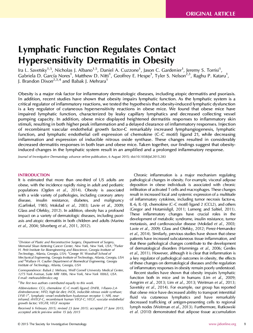 Lymphatic Function Regulates Contact Hypersensitivity Dermatitis in Obesity