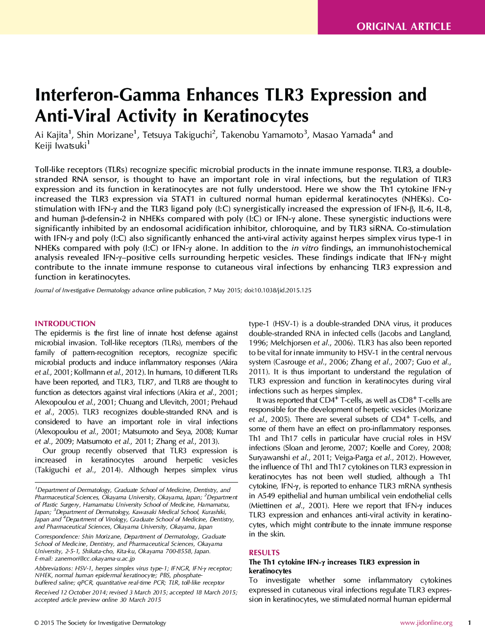 Interferon-Gamma Enhances TLR3 Expression and Anti-Viral Activity in Keratinocytes