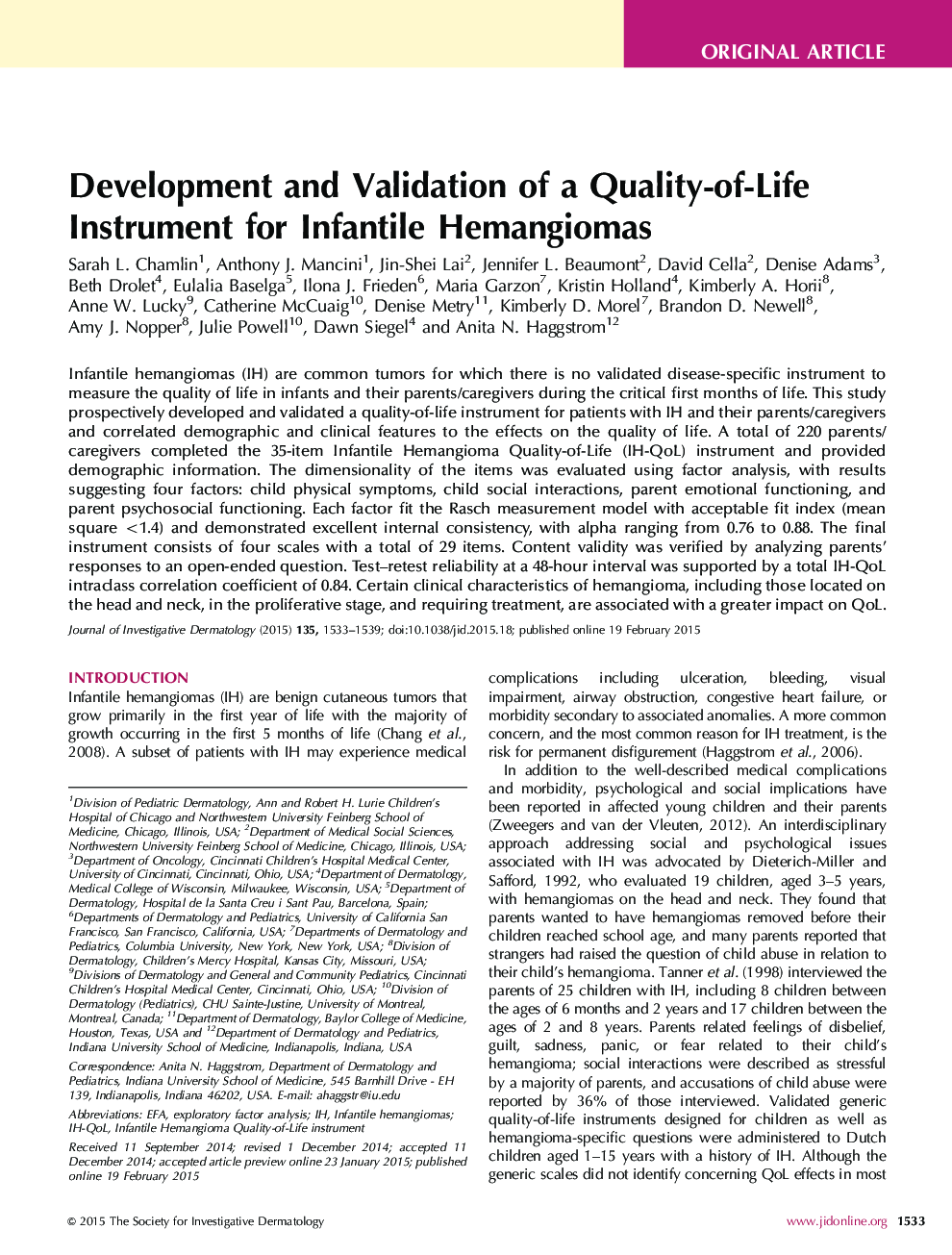 Original ArticleDevelopment and Validation of a Quality-of-Life Instrument for Infantile Hemangiomas
