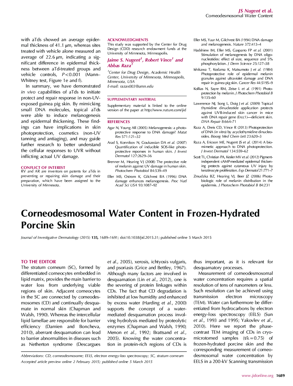 Corneodesmosomal Water Content in Frozen-Hydrated Porcine Skin