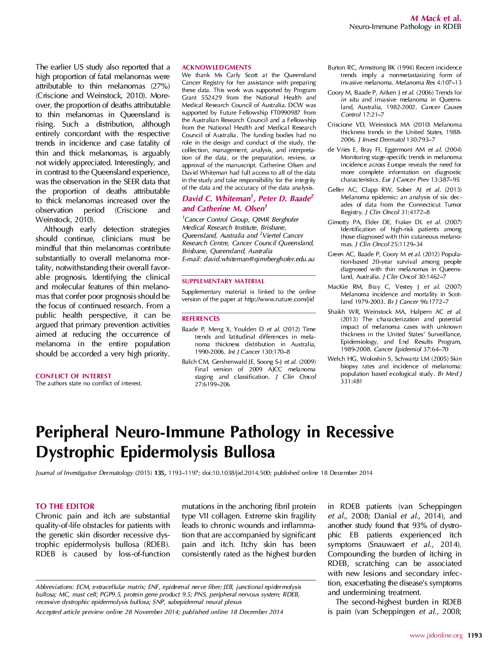 Peripheral Neuro-Immune Pathology in Recessive Dystrophic Epidermolysis Bullosa