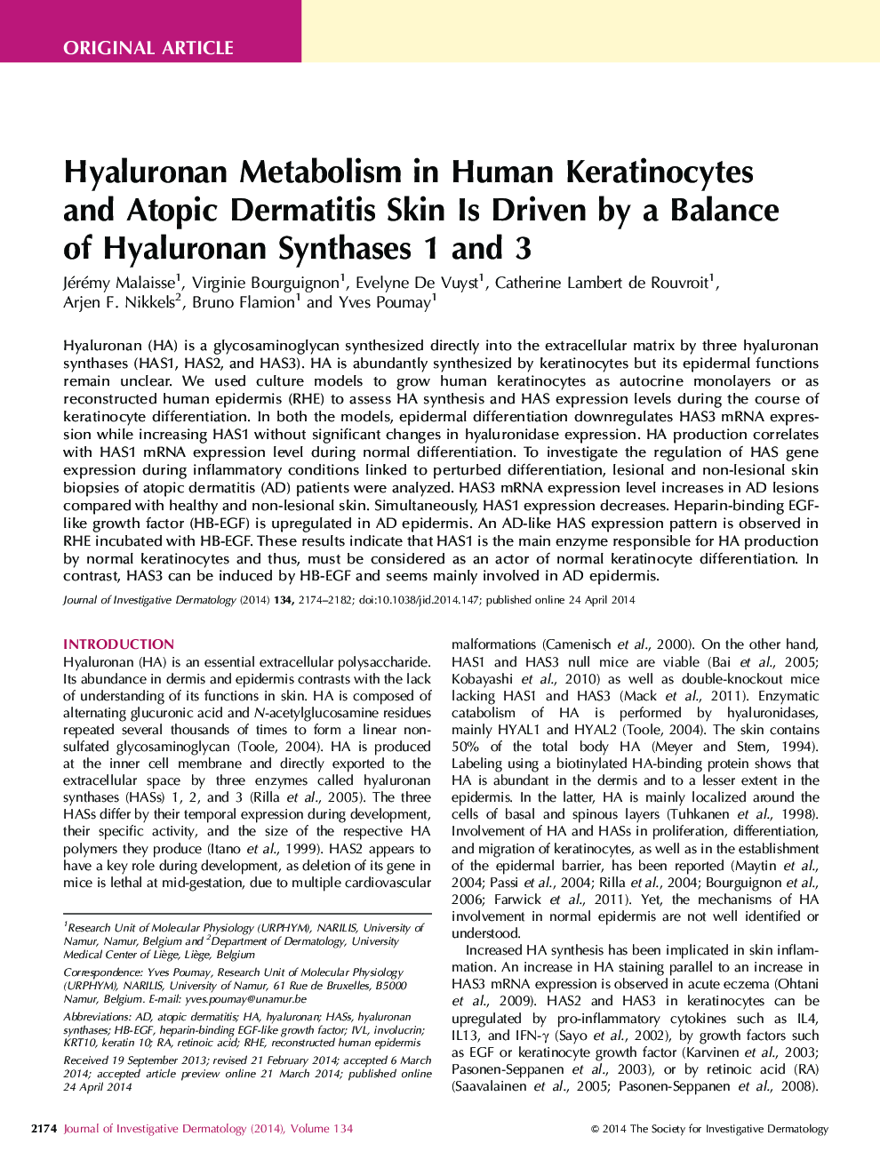 Original ArticleHyaluronan Metabolism in Human Keratinocytes and Atopic Dermatitis Skin Is Driven by a Balance of Hyaluronan Synthases 1 and 3