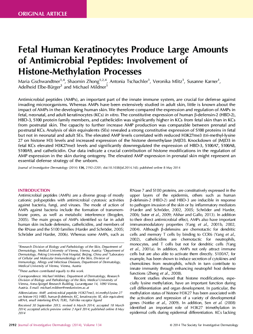 کراتینوسیت های انسانی جنین تولید مقدار زیادی از پپتید های ضد میکروبی: درگیر شدن از پروتئین های هیستون-متیل شدن 
