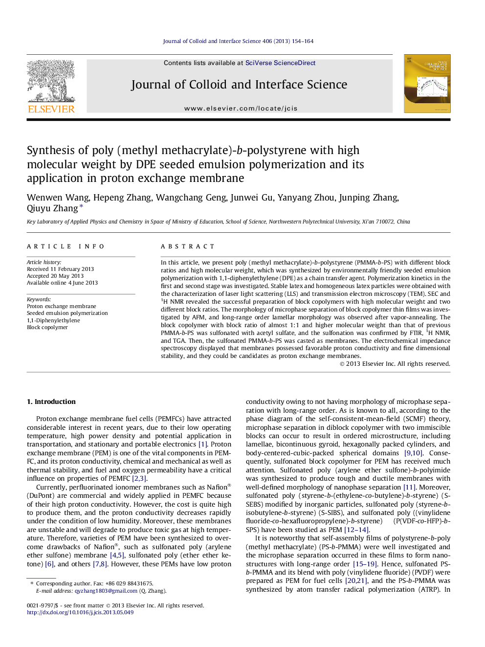 Synthesis of poly (methyl methacrylate)-b-polystyrene with high molecular weight by DPE seeded emulsion polymerization and its application in proton exchange membrane