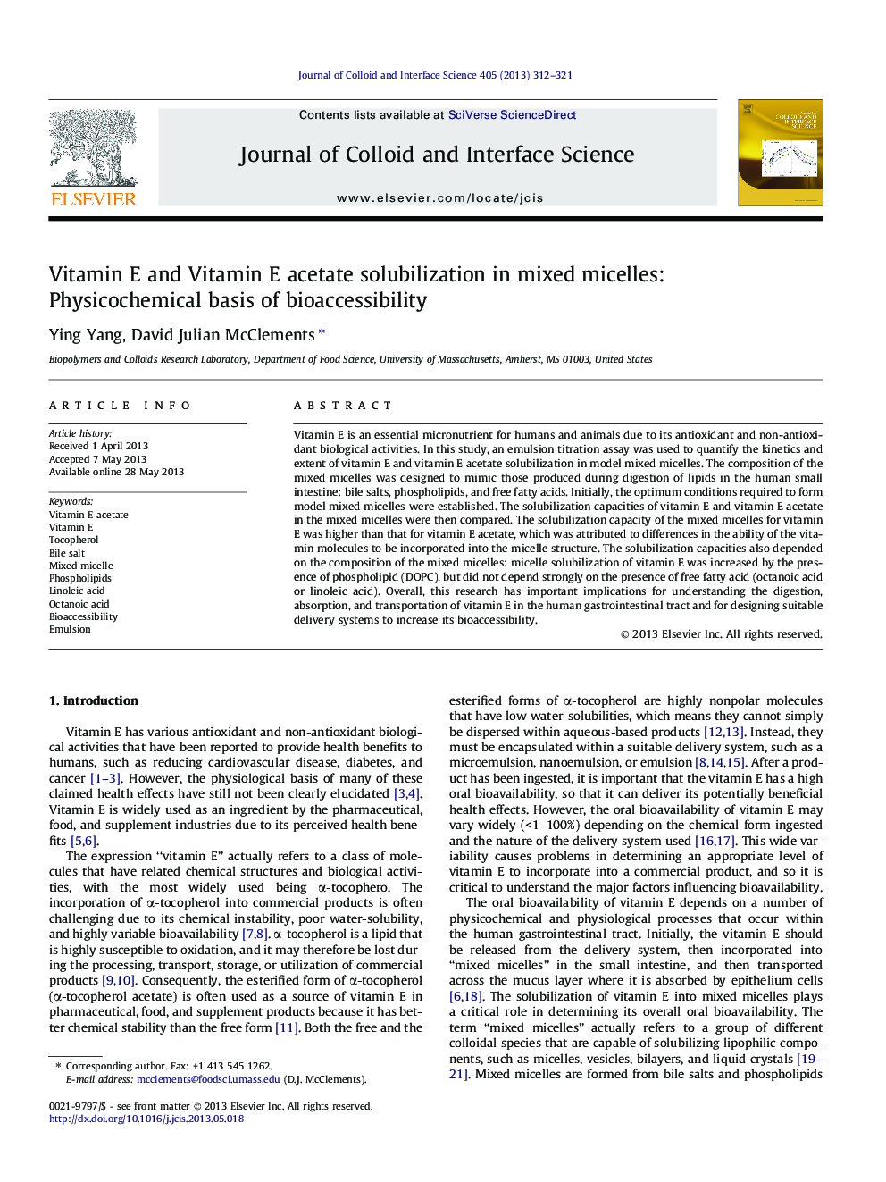 Vitamin E and Vitamin E acetate solubilization in mixed micelles: Physicochemical basis of bioaccessibility