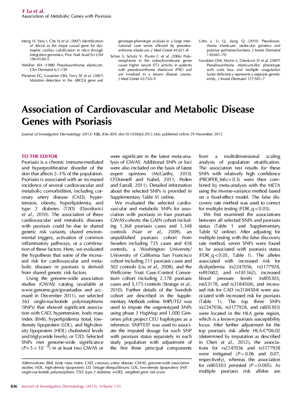 Association of Cardiovascular and Metabolic Disease Genes with Psoriasis