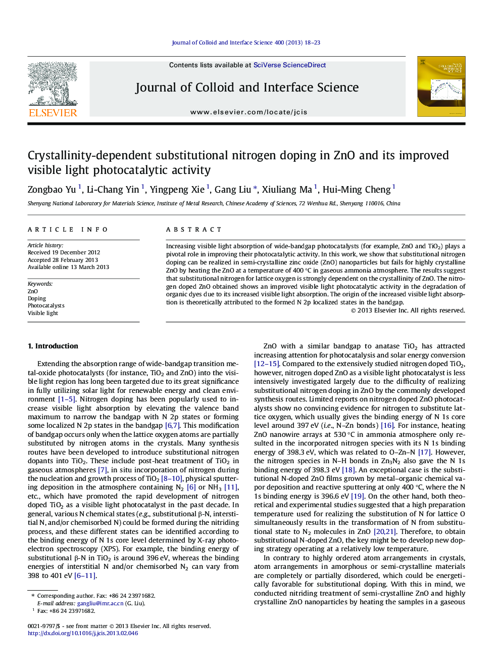 Crystallinity-dependent substitutional nitrogen doping in ZnO and its improved visible light photocatalytic activity