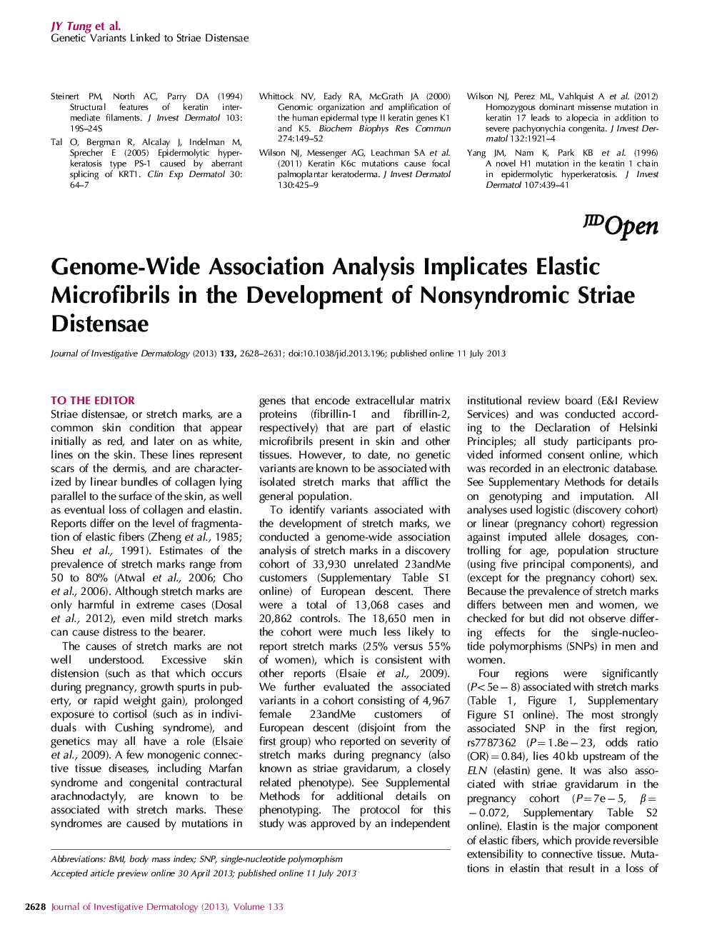 Genome-Wide Association Analysis Implicates Elastic Microfibrils in the Development of Nonsyndromic Striae Distensae