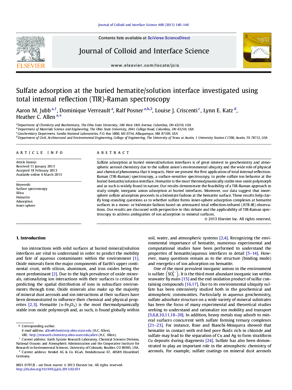 Sulfate adsorption at the buried hematite/solution interface investigated using total internal reflection (TIR)-Raman spectroscopy