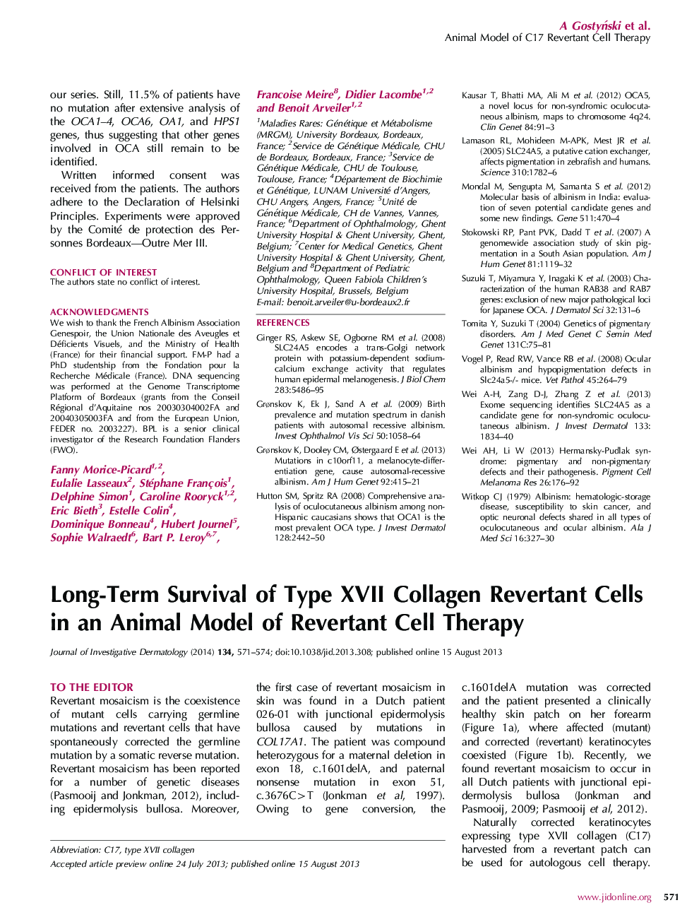Long-Term Survival of Type XVII Collagen Revertant Cells in an Animal Model of Revertant Cell Therapy