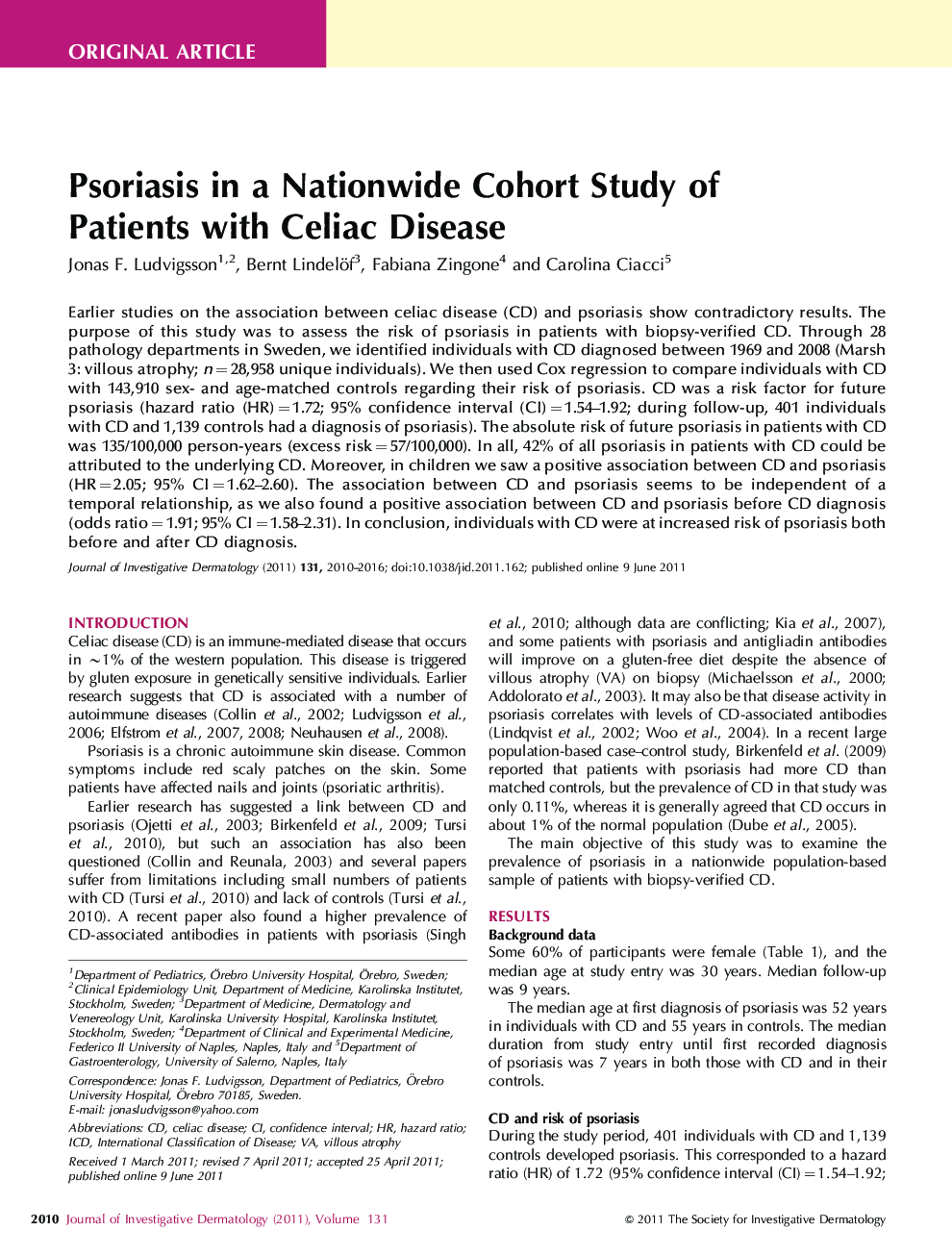 Psoriasis in a Nationwide Cohort Study of Patients with Celiac Disease