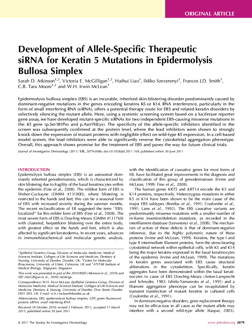 Development of Allele-Specific Therapeutic siRNA for Keratin 5 Mutations in Epidermolysis Bullosa Simplex