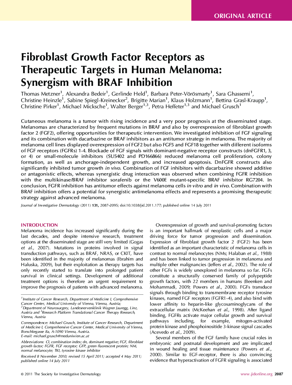 Fibroblast Growth Factor Receptors as Therapeutic Targets in Human Melanoma: Synergism with BRAF Inhibition