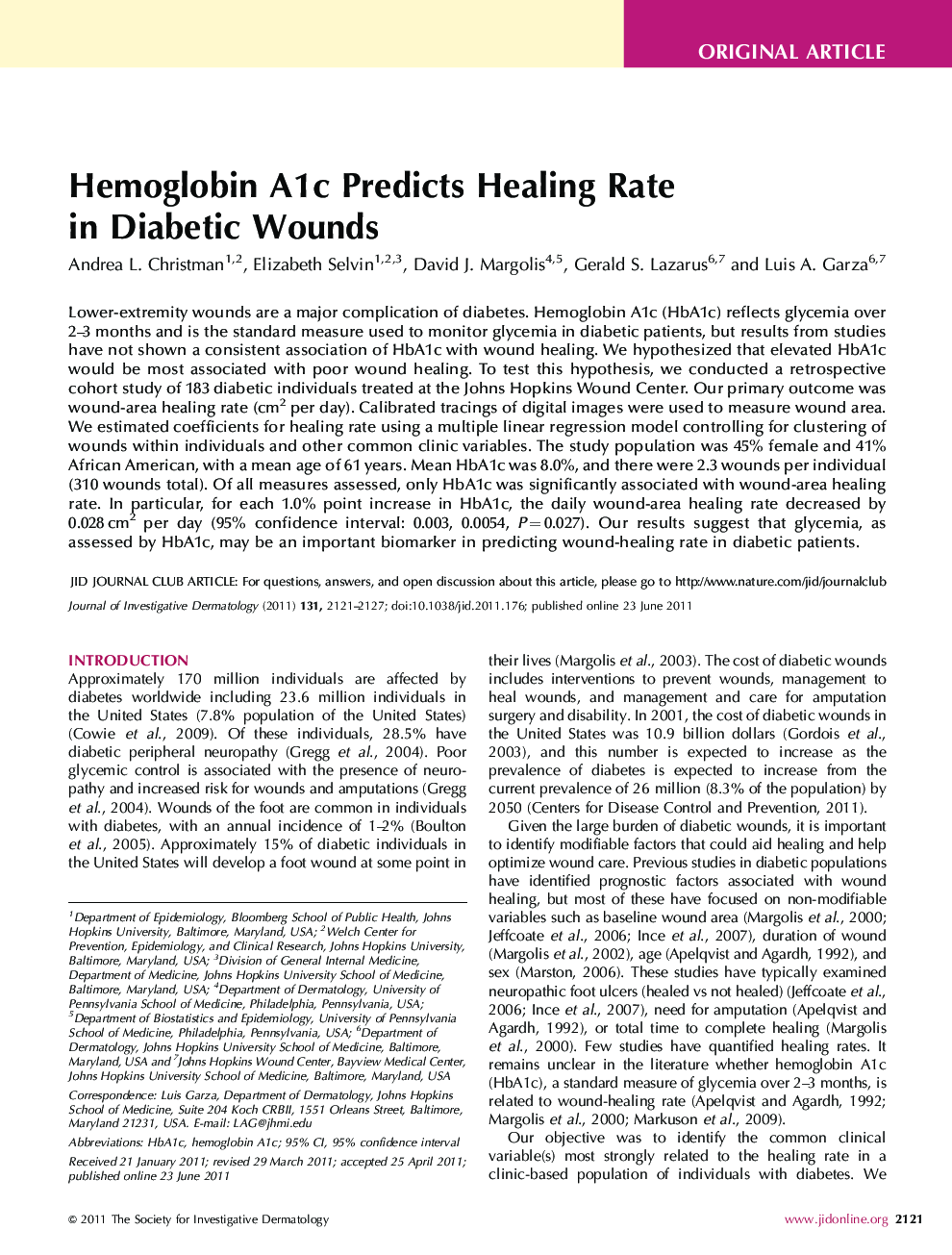 Hemoglobin A1c Predicts Healing Rate in Diabetic Wounds