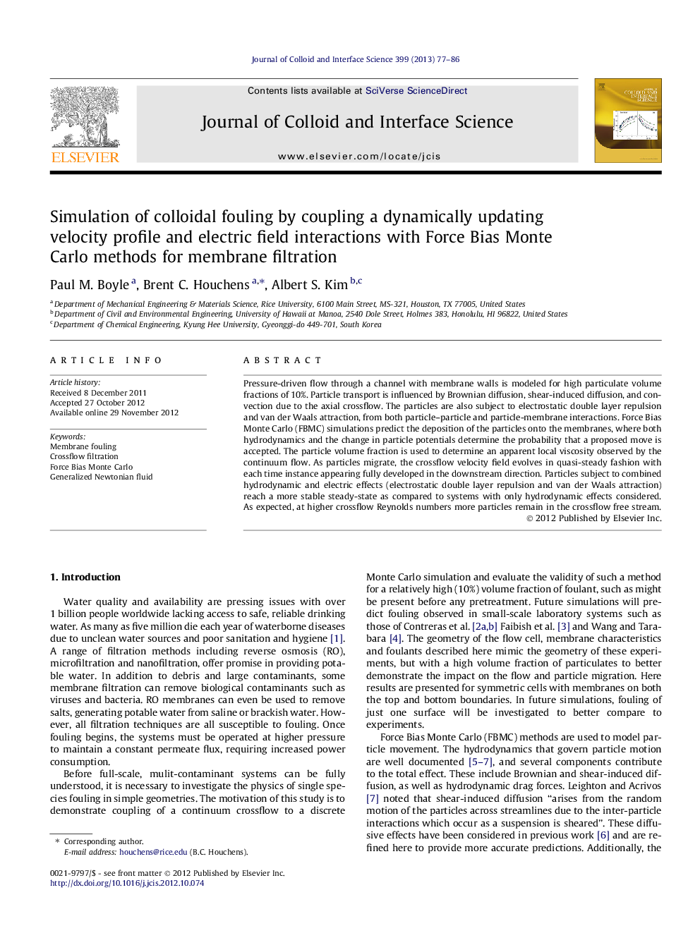 Simulation of colloidal fouling by coupling a dynamically updating velocity profile and electric field interactions with Force Bias Monte Carlo methods for membrane filtration