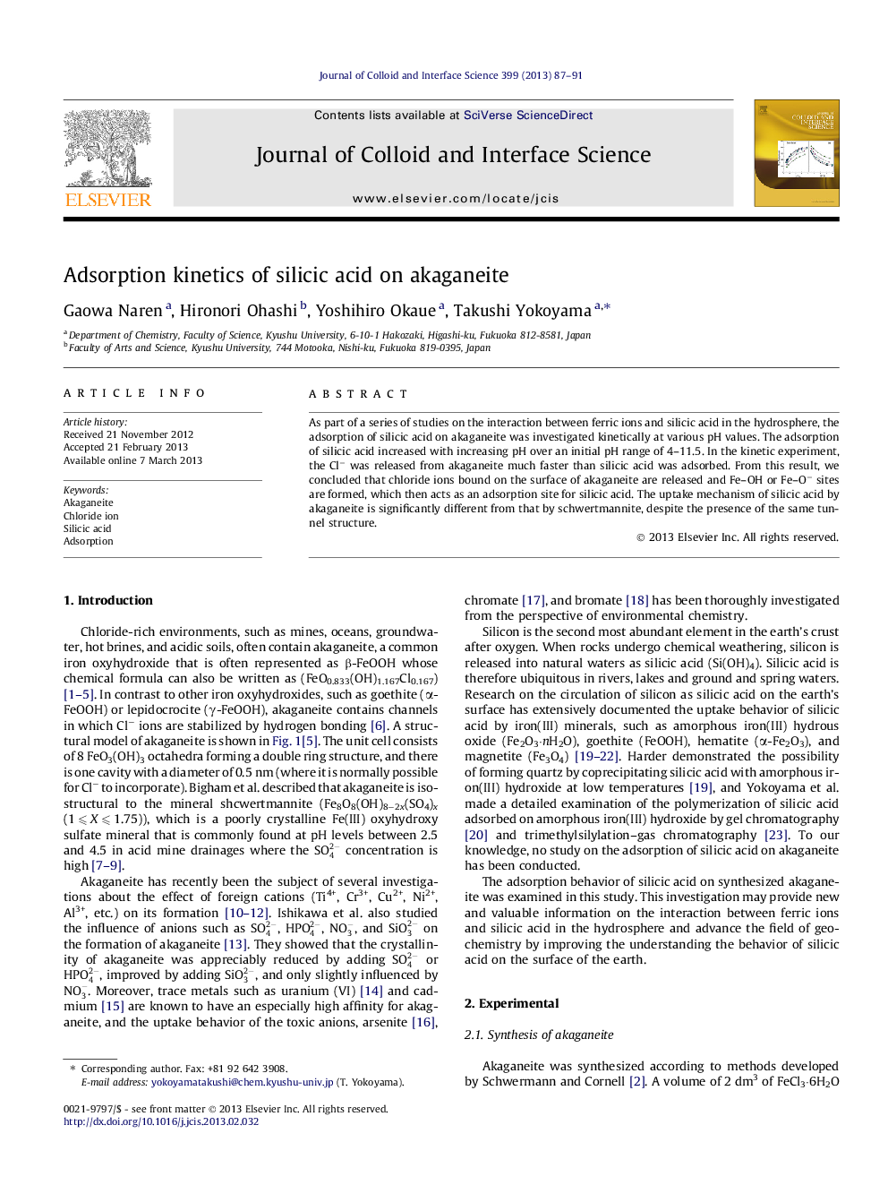 Adsorption kinetics of silicic acid on akaganeite