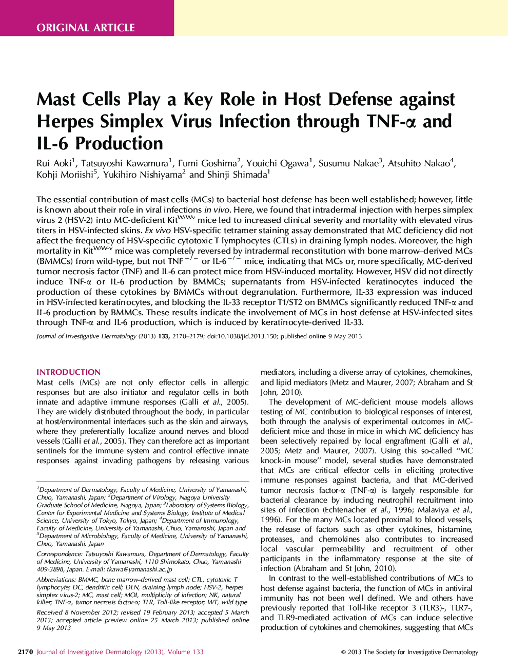 Mast Cells Play a Key Role in Host Defense against Herpes Simplex Virus Infection through TNF-Î± and IL-6 Production